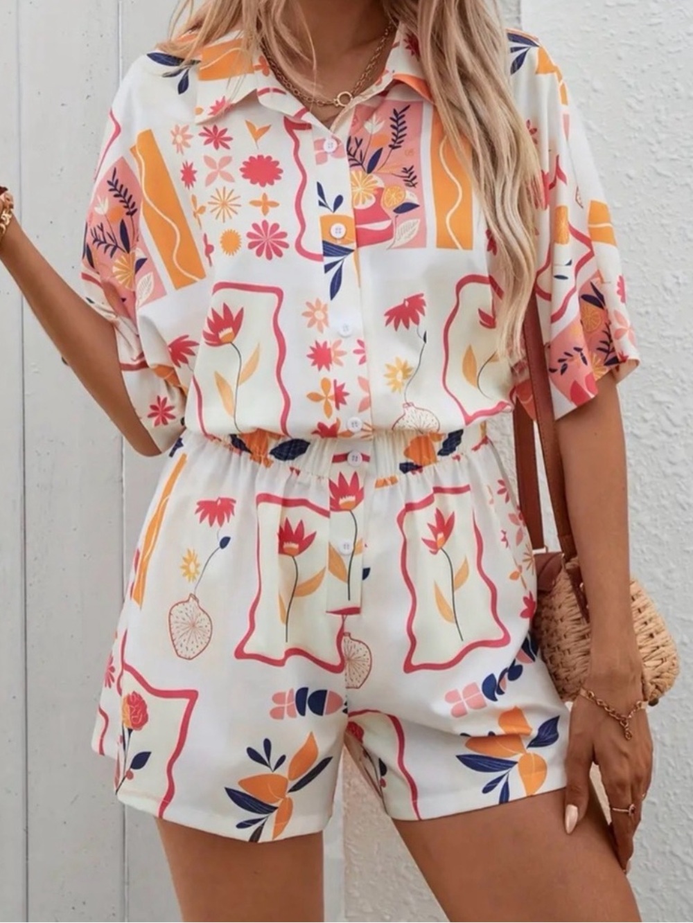 Floral Print Short Sleeve Romper - White with Coral & Mustard